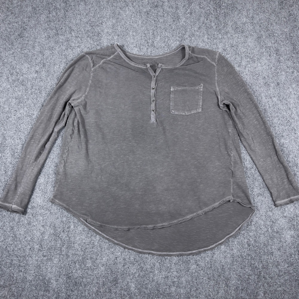 We The Free Henley Top Womens S Gray Long Sleeve Slub Knit High Low Pocket